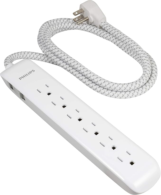 Philips 6 Outlet Power Strip Surge Protector, 6 Ft Power Cord, Designer Braided Extension Cord, Flat Plug, Perfect for Office or Home Décor, 1080 Joules, White, SPC3054WA/37