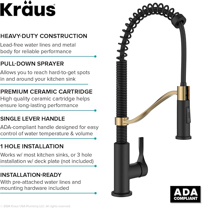 KRAUS Torak Pull Down Kitchen Faucet in Spot-Free Brushed Brass/Matte Black with Commercial Style Spring Spout, 2 Function Sprayer, Pre-Attached Water Lines, and Mounting Hardware, KPF-2635SFBBMB