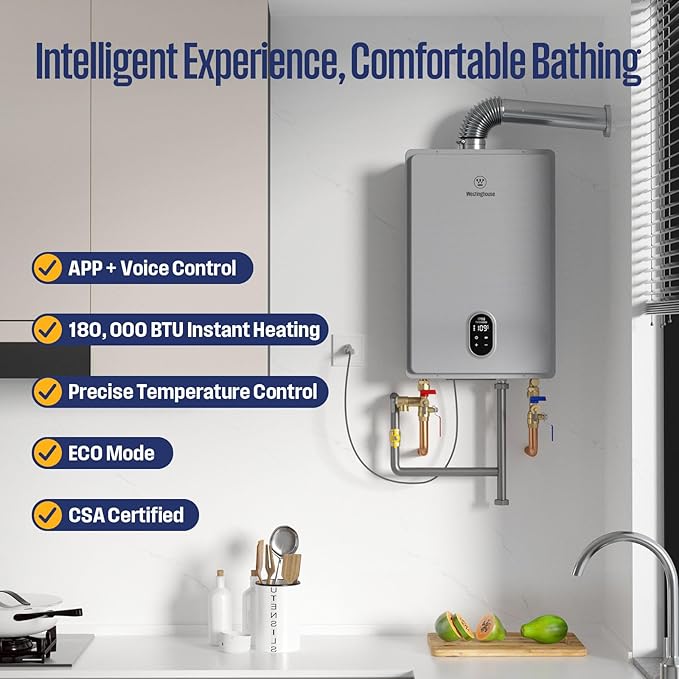 Westinghouse Natural Gas Tankless Water Heater Indoor Installation Max 7.9 GPM 180,000 BTU, WIFI Enable Temp Self Modulating Non Condensing High Efficiency for House or Commercial, APOLO Performance
