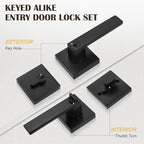 6 Pack Keyed Entry Door Lever and Single Cylinder Deadbolt Set, Keyed Alike Reversible Lockset, Matte Black Square Interior/Exterior Handleset for Bedroom, Front Door