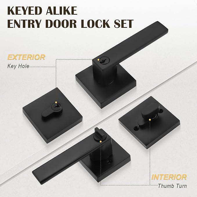 5 Pack Keyed Entry Door Lever and Single Cylinder Deadbolt Set, Keyed Alike Reversible Lockset, Matte Black Square Interior/Exterior Handleset for Bedroom, Front Door