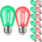 12-Pack Red Green String Light Bulbs, Patio String Light Replacement bulbs for Outdoor Indoor, 1W E26 Base S14 LED Colored Light Bulbs for Christmas Halloween,Holiday,Home Decor (6 Red + 6 Green)