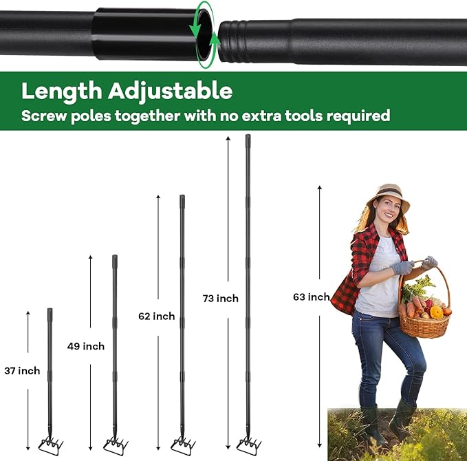Garden Hoe, 72 Inch Soil Tiller Cultivator Stirrup Hoe, Heavy Duty 2-in-1 Garden Tool with Adjustable Long Handle, Action Scuffle Loop Hoe with Rake for Flower Beds, Garden Loosening Weeding Digging