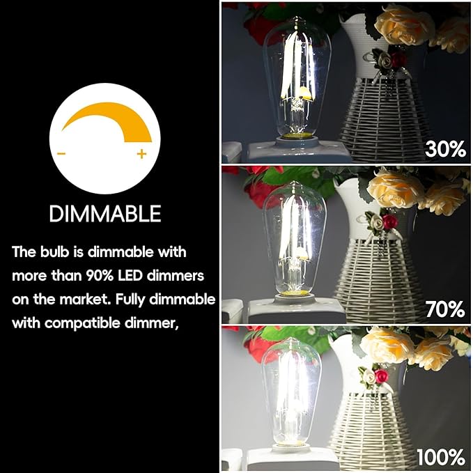 Jensense LED Edison Light Bulbs 8 Watt Dimmable 5000K Daylight White, E26 60 Watt Equivalent, Vintage Bulbs 800lm CRI 90 Clear Glass 64 Pack