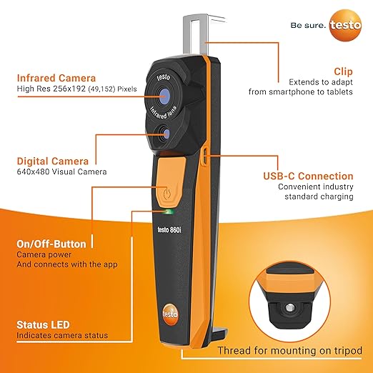 testo 860i Wireless Thermal Imaging Camera for iPhone & Android - Thermal Imager with USB-C Cable - Handheld Infrared Camera 256 x 192 Resolution & -4 to +662 °F Measurement Range