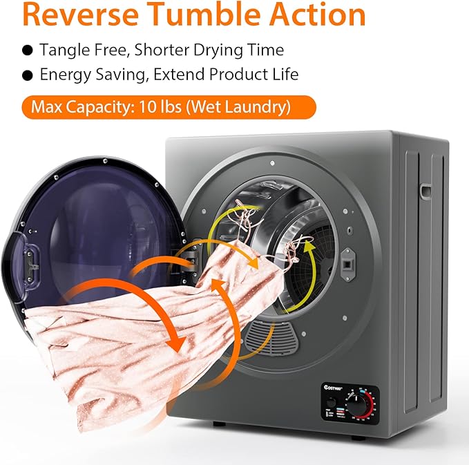 COSTWAY Compact Laundry Dryer, 110V Electric Portable Clothes Dryer with Stainless Steel Tub, Control Panel Downside Easy Control for 4 Automatic Drying Mode (Stainless Steel-Grey)