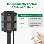 Outdoor Power Stake, 15 Feet Extension Cord Waterproof, Independently Remote Control 3 Sets of Outlets, 6 Grounded Outlets for Garden, Patio, Outdoor Decor, ETL Listed