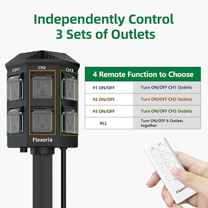 Outdoor Power Stake, 50 Feet Extension Cord Waterproof, Independently Remote Control 3 Sets of Outlets, 6 Grounded Outlets for Garden, Patio, Outdoor Decor, ETL Listed