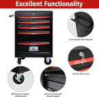 5 Drawers Rolling Tool Box on Wheels, Multifunctional Tool Chest Cabinet with Lock, Drawers Rolling Tool Cart Trolley Organizer Tool Storage Case for Warehouse,Garage,Workshop (Black&Red)