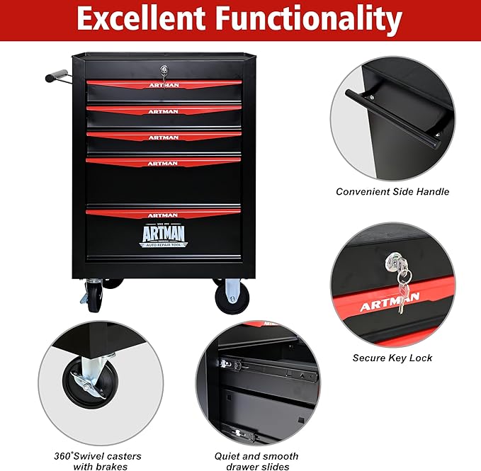 5 Drawers Rolling Tool Box on Wheels, Multifunctional Tool Chest Cabinet with Lock, Drawers Rolling Tool Cart Trolley Organizer Tool Storage Case for Warehouse,Garage,Workshop (Black&Red)