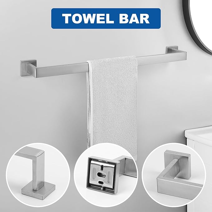 Cilee 15-Pieces Bathroom Hardware Set - Brushed Nickel Bathroom Accessories, 24 Inch Towel Bar, Square Towel Ring, Toilet Paper Holder, Towel Hook, Wall-Mounted Stainless Steel Towel Bar Rack Set