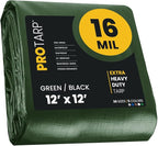 PROTARP Extra Heavy Duty 16 Mil Tarp Cover, Waterproof, UV Resistant, Rip and Tear Proof, Poly Tarpaulin with Reinforced Edges for Roof, Camping, Patio, Pool, Boat. (Green/Black 12′ X 12′)