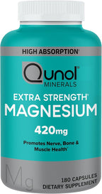 Qunol Magnesium Capsules 420mg, 100% DV, High Absorption Magnesium Supplement, Extra Strength, Bone and Muscle Health Supplement, 180 Count