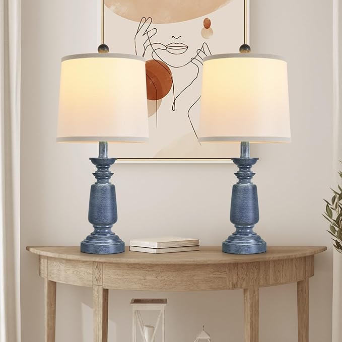 Terpsichore Lamps Set of 2 Modern Farmhouse Table Lamp Bedside Reading Lights Living Room End Lamps Bedroom Night Light,High 22.5 Inch,Navy Blue,with Fabric Lamp Shade,Bulb Not Included