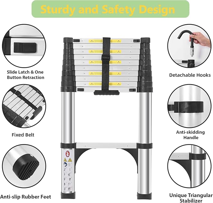 Telescoping Ladders 10.5 FT Aluminum Ladder - One-Button Retraction Collapsible Extension Ladder for Home,RV,Attic & Loft, Lasts 330 LBS with 2 Triangle Stabilizers and 2 Detachable Hooks