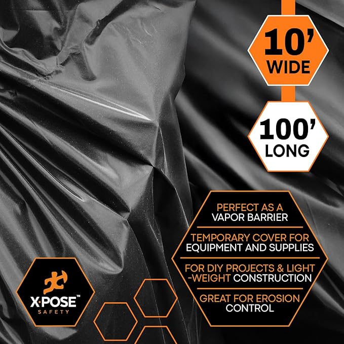 Xpose Safety Black Plastic Sheeting – 10' x 100' Roll – Heavy Duty 5.2 Mil Poly Sheet – Waterproof, Dustproof, Vapor Barrier – for Construction, Painting, Industrial Use