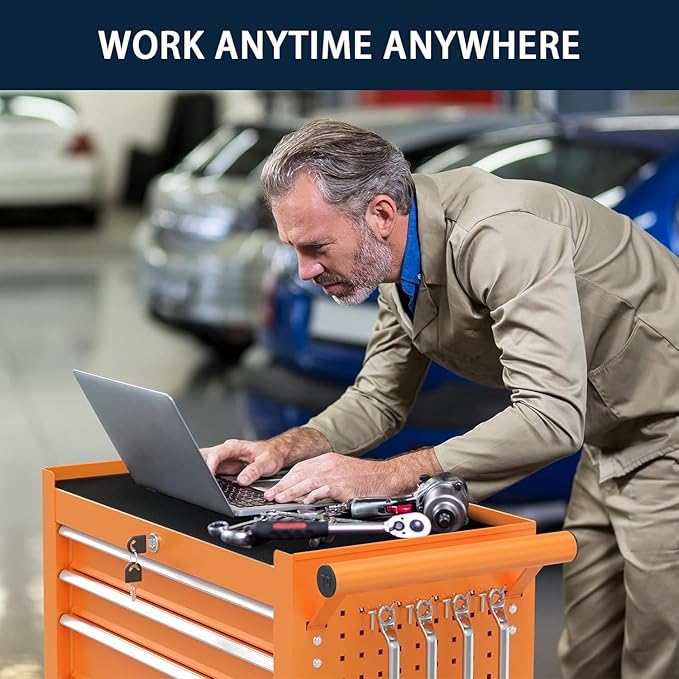 7-Drawer Metal Rolling Tool Chest with Wheels,Tool Storage Cabinet with Locking System，Toolbox with Wheels for Garage, Warehouse, Workshop, Repair Shop (Orange, 7-Drawer)