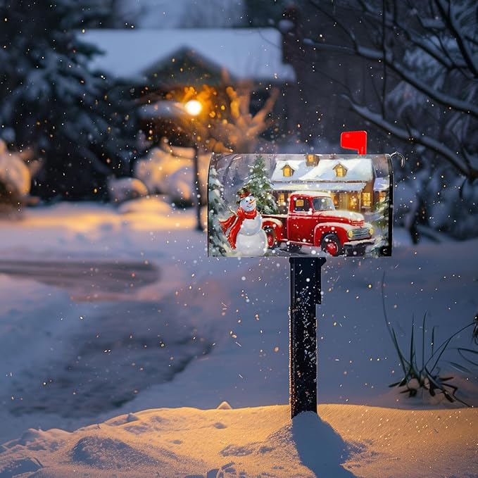 Winter Snowman Mailbox Covers Magnetic Large Size Merry Christmas Truck Mailbox Cover Pine Tree Snow Mailbox Wraps Mailbox Post Cover Oversized Graden Decor Waterproof 25.5 X21 Inch
