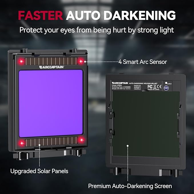 ARCCAPTAIN Large Viewing Screen 3.93"X3.66" Welding Helmet, True Color 1/1/1/1 Solar Power Auto Darkening Welding Hood with 4 Arc Sensor, Wide Shade 4/5-9/9-13 for TIG MIG ARC, Armour