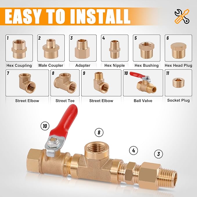 105PCS Brass Pipe Fittings Assortment Kit NPT Adapter,Reducer Bushing, Hex Nipple, Reducing Hex Coupling,90 Degree Street Elbow,Street Tee,Ball Valve,Hex Head Plugs,Socket Plug Fittings Kits