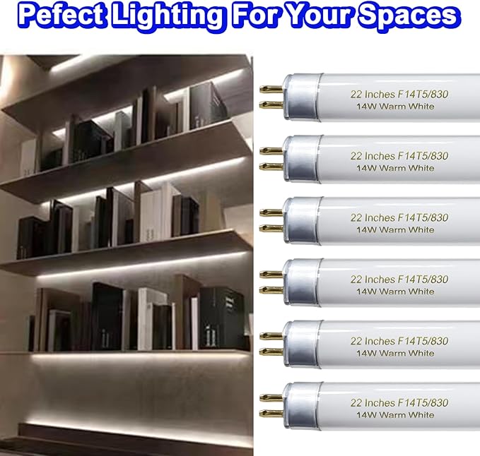 22 Inch T5 Fluorescent Light Bulb 14 Watt F14T5/WW Compatible with Sylvania Satco Philips GE Under Cabinet Lamp Light 3000K Warm White 800 Lumen G5 Base 6 Count