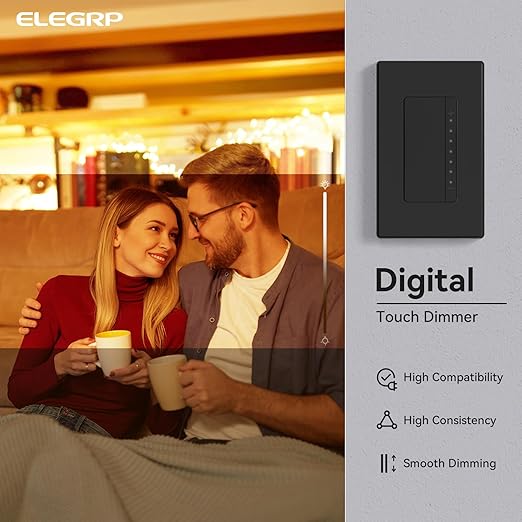 ELEGRP Dimmer Switch, Digital Dimmer Light Switch for LED Lights 150W, INC/HAL 450W, 3 Way LED Dimmer Switch, Needs Neutral Wire, Wall Plate Included, UL Listed, 10 Pack, Matte Black