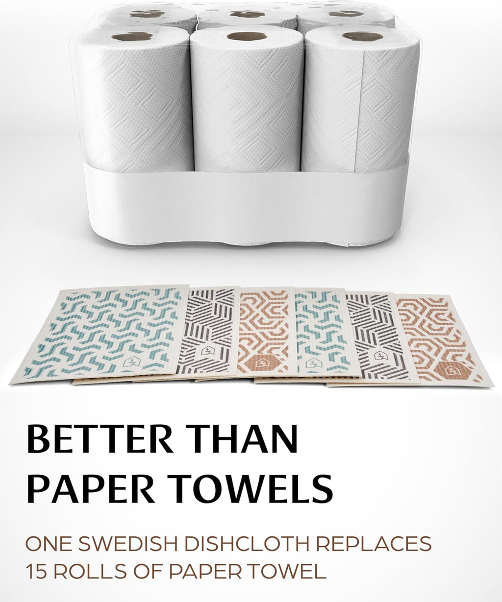 Swedish Dish Cloths for Kitchen - Reusable Dishcloths for Washing Dishes - Each Cellulose Dish Cloth Replaces 15 Rolls of Paper Towels and is More Absorbent than a Sponge - Dishcloth Set of Six