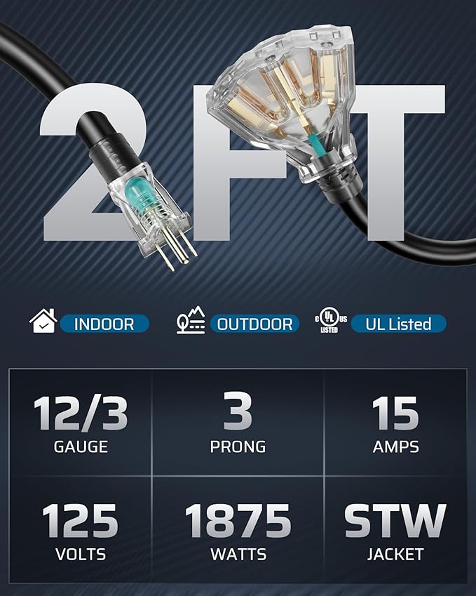 DEWENWILS 2 FT 12/3 Gauge Indoor/Outdoor Tri-Tap Extension Cord Splitter, STW 15 Amp Contractor Grade Heavy Duty Power Cable with LED Lighted Plug, UL Listed, Pack of 3