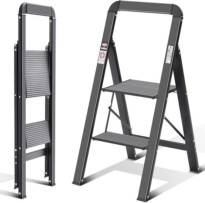 KINGRACK Step Ladder, 2 Steps, Folding Step Ladder with Handrail, Non-Slip Household Ladder with Folding Safety, Aluminium Step Stool, Maximum Load 150 kg, Black