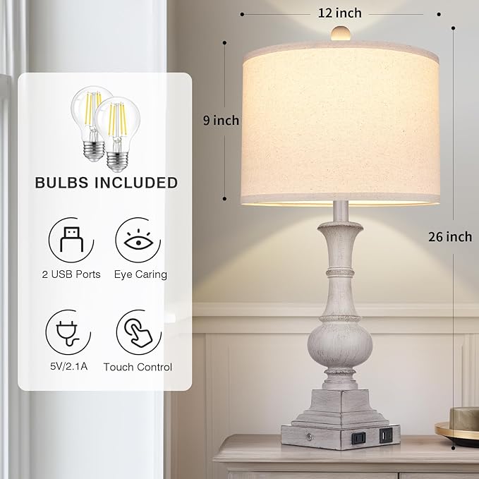 26" Farmhouse Lamp with 2 USB Ports & AC Outlet, Vintage Rustic Touch Control Bedside Lamp, Resin 3-Way Dimmable Nightstand Lamp Fabric Shade for Living Room Bedroom Decor Gray(LED Bulb Included)