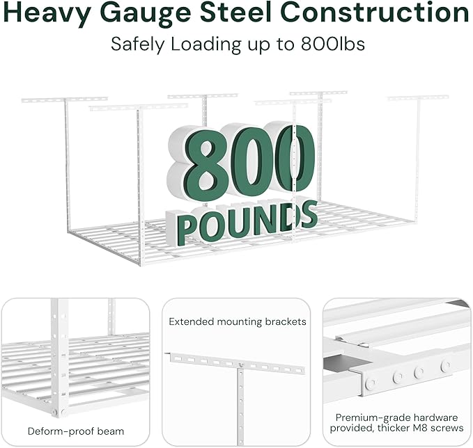 SunsGrove 4x8 Overhead Garage Storage Rack Organization, Adjustable Ceiling Mounted Storage Racks, 800LBS Weight Capacity, 22"-40" Ceiling Dropdown, White