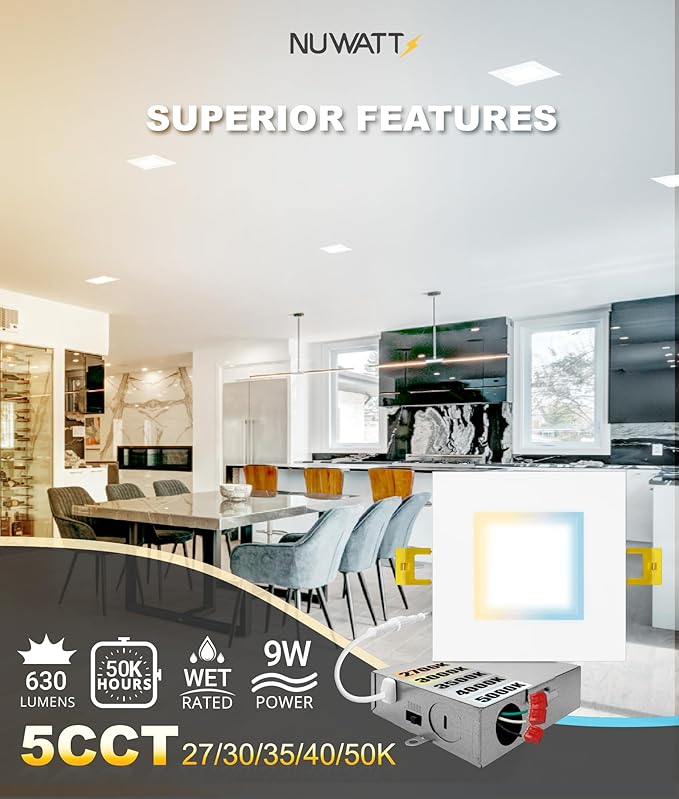 NUWATT 12 Pack 4 Inch LED Square Recessed Lighting, 5CCT Selectable 2700K/3000K/3500K/4000K/5000K, 630 Lumens Dimmable, IC Rated, 4in Square Wafer Lights, Canless LED Downlight, Diecast Aluminum J-Box