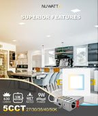 NUWATT 12 Pack 4 Inch LED Square Recessed Lighting, 5CCT Selectable 2700K/3000K/3500K/4000K/5000K, 630 Lumens Dimmable, IC Rated, 4in Square Wafer Lights, Canless LED Downlight, Diecast Aluminum J-Box