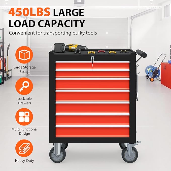 7-Drawer Rolling Tool Chest, Tool Box with 4 Wheels and Drawers, High Capacity Detachable Mobile Tool Storage Cabinet for Garage, Workshop, Mechanics and Repair Room (Black&Red)