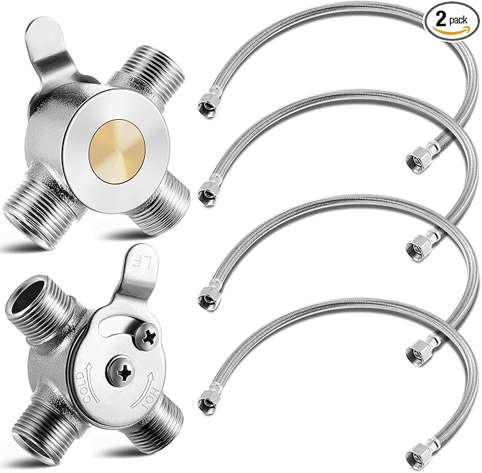 2 Pcs 1/2" Manual Mixing Valve Hot Cold Water Temperature Mixer Thermostatic Mixing Valve for Home and Bathroom Below Deck to Adjust Water Temperature, 4 Braided Faucet Connector Included
