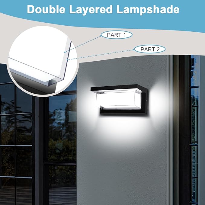 6000K Porch Lights Outdoor, 18W 1800LM LED Wall Light, IP65 Waterproof Anti-Rust Aluminum Modern Exterior Fixtures for Over Door, Garage, Patio (2 Pack)