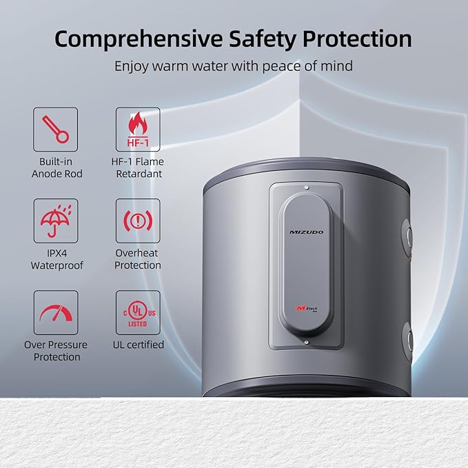 Electric Mini Tank Water Heater, MIZUDO 6 Gallon Point of Use Hot Water heater 1500W, Compact Residential 120V with T&P Valve, Adjustable Thermostat, UL Listed