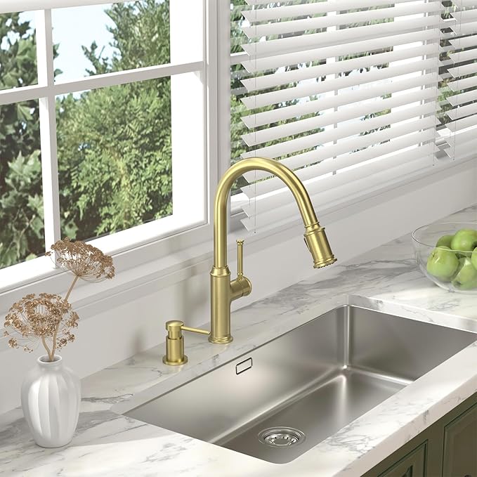 Lava Odoro Gold Soap Dispenser for Kitchen Sink, Modern Brass Built in Countertop Pump Dispenser with 18 Oz Refillable Bottle, Kitchen Soap and Lotion Dispenser Spot-Free, Brushed Gold, KSD-21