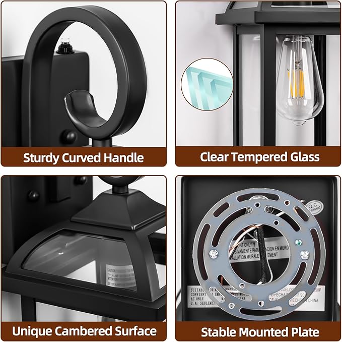 2-Pack Outdoor Wall Lights Dusk to Dawn, 15 Inch Aluminum Anti-Rust Exterior Light Fixture with IP65 Clear Tempered Glass Large Outside Wall Sconce Lanterns for House Matte Black