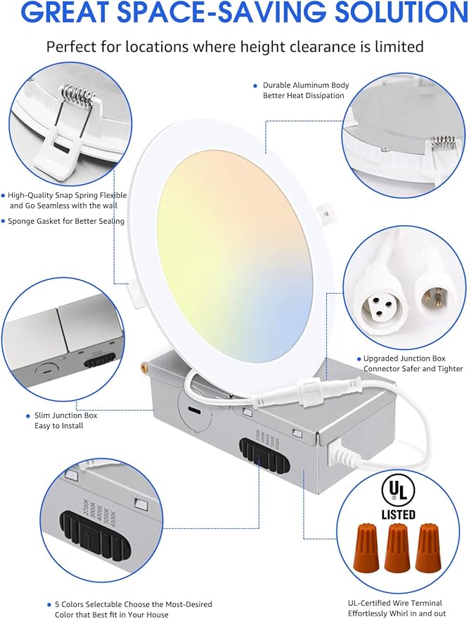 6 Pack 5CCT Ultra-Thin LED Recessed Lighting 6 Inch, Downlight with Junction Box, 2700K/3000K/4000K/5000K/6500K Selectable, 12W 110W Eqv, Dimmable Wafer Lights, 1050LM Canless LED Recessed Light, ETL