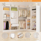Unikito 110” Closet System with Drawers, 9.3FT Corner Closet Organizer with 4 Hanging Rods, Reversible Large Wood L Shaped Walk in Closets Wardrobe with Shoe Shelves, Max Load 3000LBS, Set of 4, White