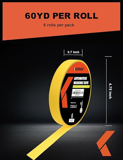 Painters Tape for Cars Vehicles Paint Tape Auto Body Yellow Masking Tape Heat Resistant Automotive Removable No Residue Painting Tape Bulk Set for Paint Booth, 0.7in-60 yards/6rolls