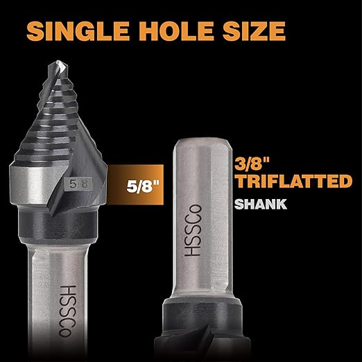 M35 HSS 5/8 Inch Step Drill Bit, Single Size Unibit with Double Spiral Flutes for Drilling Small Holes on Stainless Steel, Metal, Wood, Plastic