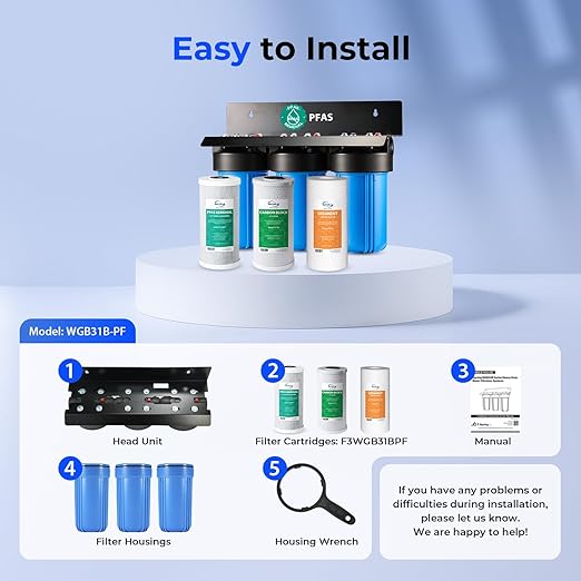 iSpring WGB31B-PF Whole House Water Filter System, SGS-Tested to Remove up to 99% PFAS, 3-Stage Filtration Reduces Sediment, Chlorine, Taste & Odor, 10-Inch Filters, 1" Inlet/Outlet