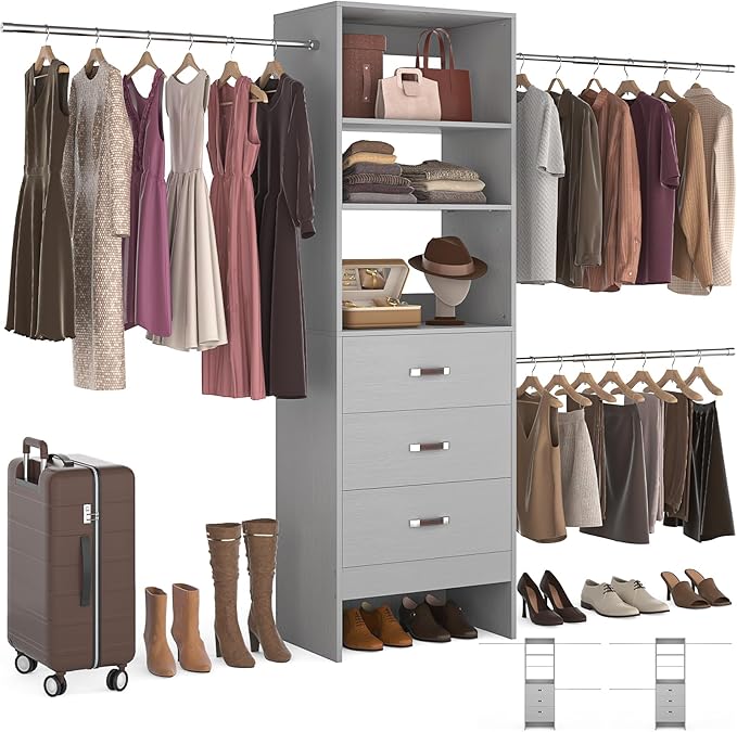 Homieasy 96 Inches Closet Organizer System, 8FT Customizable Walk In Closet Organizer with Hanging Rods, 3 Drawers Garment Rack with Leather Handle , 96" L x 16" W x 75" H, Max Load 1000 LBS, Grey