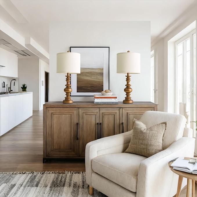 BOBOMOMO 24" Traditional Lamps Set of 2 – Antique Gold Bedside Lamps with Linen Shades, Elegant Medium Farmhouse Lamps for Living Room, Bedroom, and Hallway, Ideal for Warm, Cozy Spaces