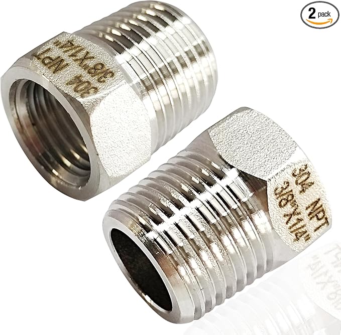2 Pcs 304 Stainless Steel Reducer Hex Bushing, 3/8" Male NPT to 1/4" Female NPT（ 3/8"MNPT - 1/4"FNPT） Pipe Fitting Hex Bushing, Heavy Duty Pipe Fitting Reducer Adapter (3/8" - 1/4")