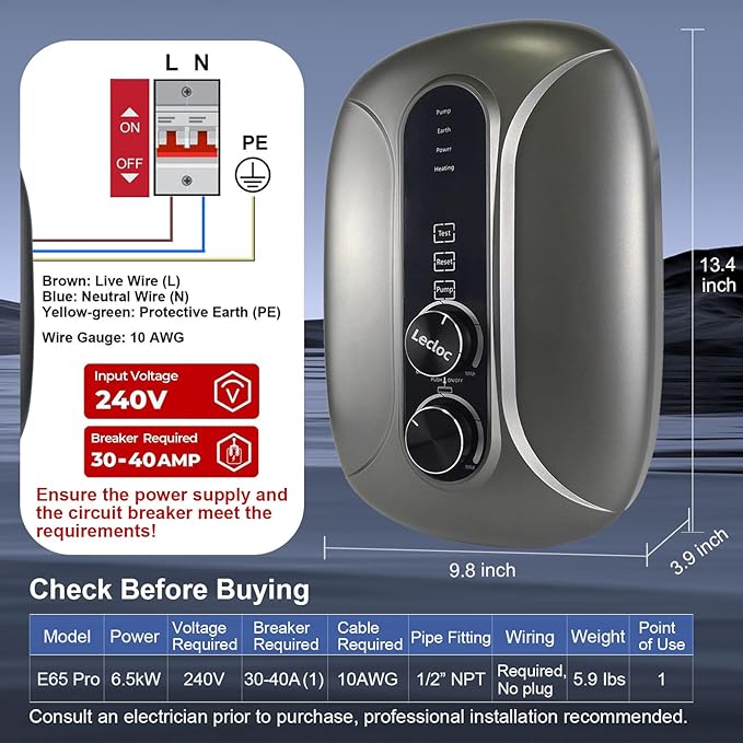 E65 Pro Pump-integrated Tankless Electric Water Heater 6.5kW 240V, LED Temp. Display with Big Knob Control, IPX4, Multi-protection, 1 Point of Use, 86-131℉ On Demand Under Sink Hot Water Heater