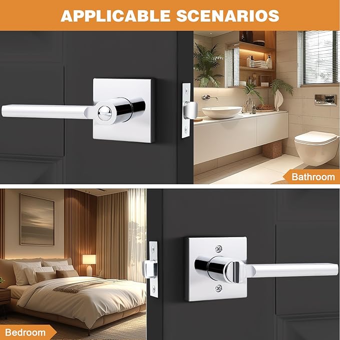 Probrico Polished Chrome Privacy Door Handle Lockset Heavy Duty Square Interior Door Lever for Bedroom or Bathroom Reversible Keyless Handleset Door Knob Slim Handed Levers, 5 Pack