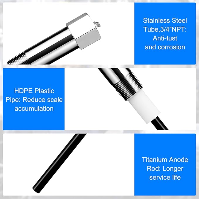 Powered Anode Rod for Water Heater(40-89 Gallon Tank) Electric Anode Rod Made of Titanium,25-Year Warranty，Anti-rust, Anti-Corrosion, Reduce Scale,Water Heater Anode Rod Powered Anode Rod